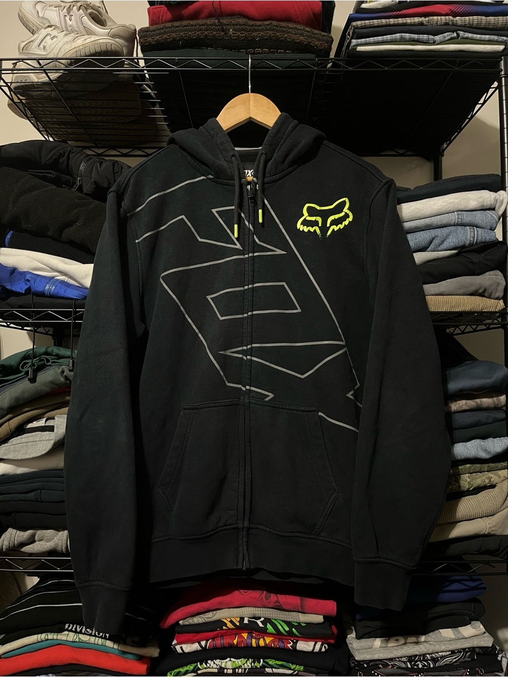 Fox Black Zip-Up Hoodie with Neon Yellow Logo